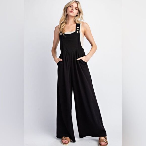094. SLEEVELESS OVERALL WIDE LEG JUMPSUIT- BLACK - Picture 1 of 5